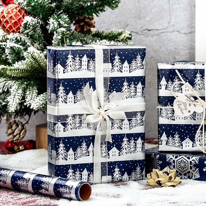 MAYPLUSS Christmas Wrapping Paper Roll, 17 Inch X 16.5 Feet Gift Wrapping Paper Featuring Navy Blue Christmas Tree House Reversible Snowflake, Thick Wrap Paper for Holiday Party New Year Kids