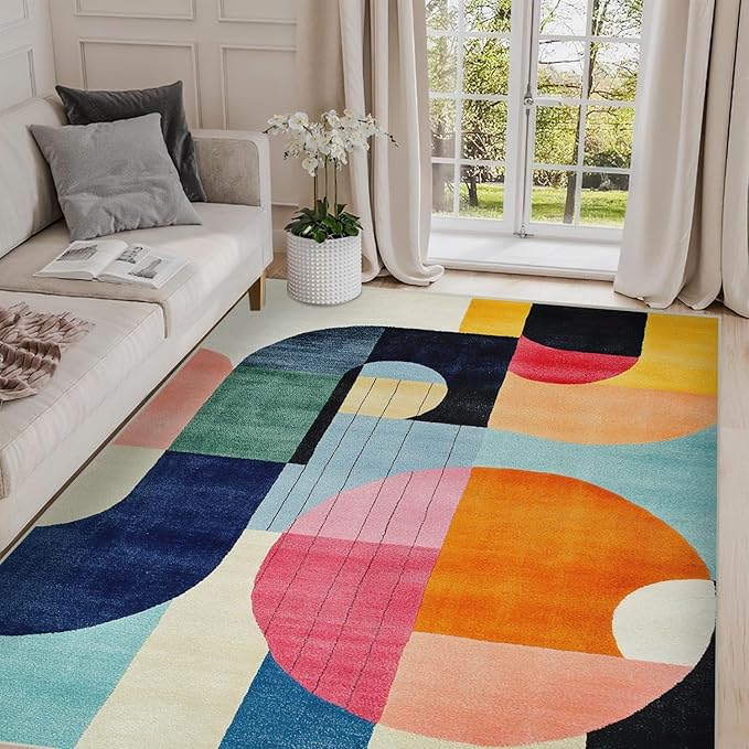6x9 Colorful Area Rug Modern Abstract Orange Yellow Pink Blue White Beige Black Bedroom Rug Low Pile Thin Large Carpet Living Room Non Slip Dining Room Stain Resistant Office Washable Machine