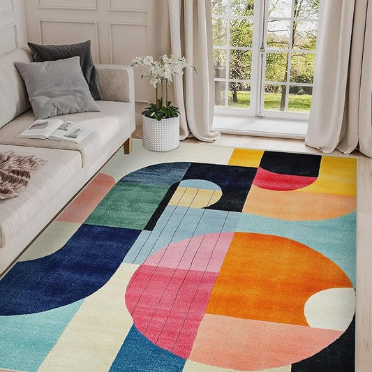 6x9 Colorful Area Rug Modern Abstract Orange Yellow Pink Blue White Beige Black Bedroom Rug Low Pile Thin Large Carpet Living Room Non Slip Dining Room Stain Resistant Office Washable Machine