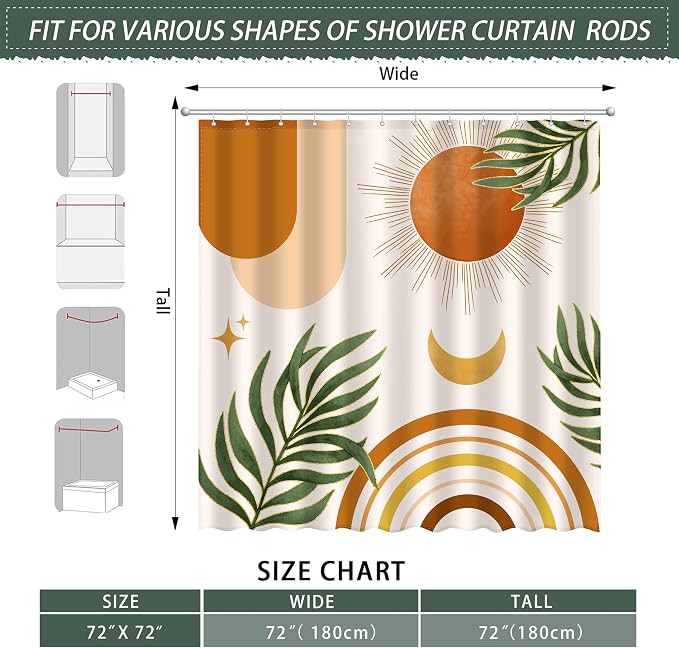 JWXCBIM Boho Mid Century Shower Curtain, Bohemian Orange Minimalist Simple Aesthetic Modern Bathroom Decor, Spring Summer Colorful Rainbow Sun Moon Botanical Fabric Cloth Bath Curtain 72x72 Inches
