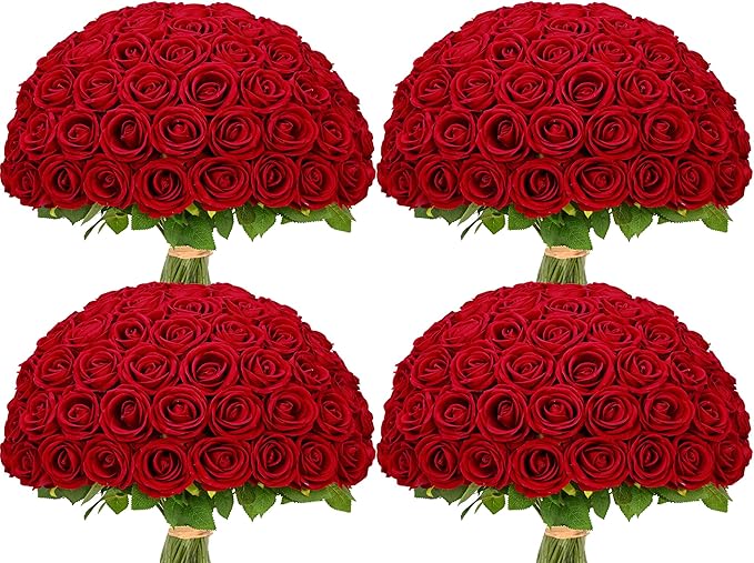 Waipfaru 100 Pcs Red Roses Artificial Flowers Bulk, Real Touch Velvet Roses with Wrapping Paper, Fake Flowers for Wedding Centerpieces Bridal Bouquet Valentines Mothers Day Decor