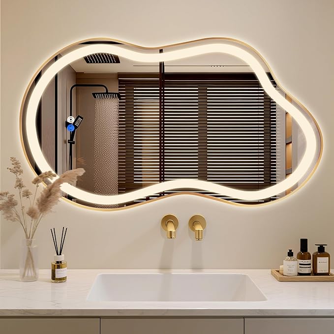 Irregular LED Bathroom Mirror with Lights, Cloud Smart Backlit Mirror, Dimmable Lighted Bathroom Gold Mirror with Anti-Fog, Asymmetrical Vanity Mirror Hangable 2 Ways (Gold, 24 x 36, 1 Pack)