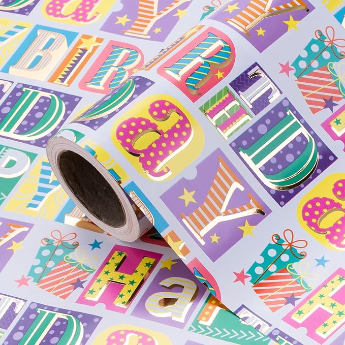 WRAPAHOLIC Birthday Wrapping Paper - Mini Roll - 17 Inch x 16.5 Feet - Colorful Gold Foil Happy Birthday Wrapping Paper for Kids, Girls, Women, Baby Shower, Wedding, Bridal Shower