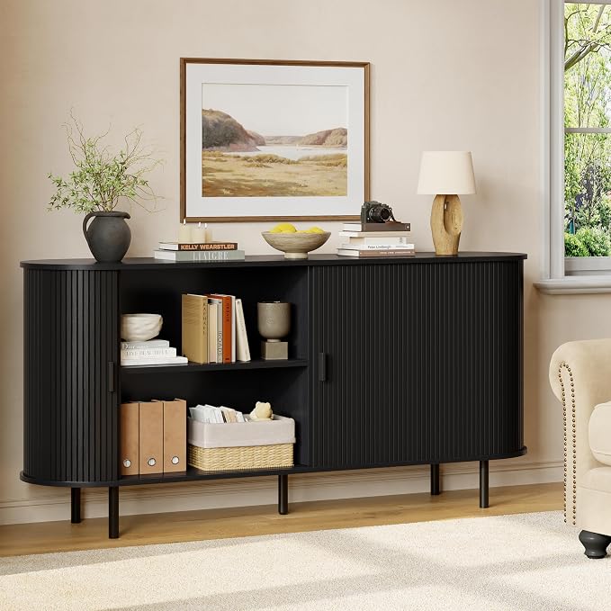 Buffet Sideboard Cabinet with Storage, 63" Fluted Cabinet with Sliding Door & Adjustable Shelf, Modern Accent Coffee Bar Console Table for Kitchen, Entryway, Black