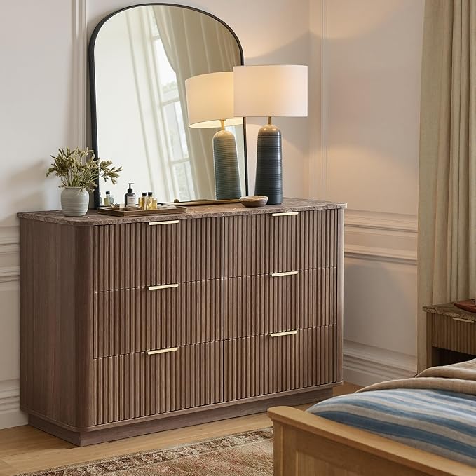 win2win 6 Drawer Dresser, Mid Century Modern Dresser with Storage, 47" Wide Fluted Chest of Drawers with Faux Marble Top, Dressers TV Stand, Drawers Organizer for Bedroom, Living Room, Hallway, Walnut