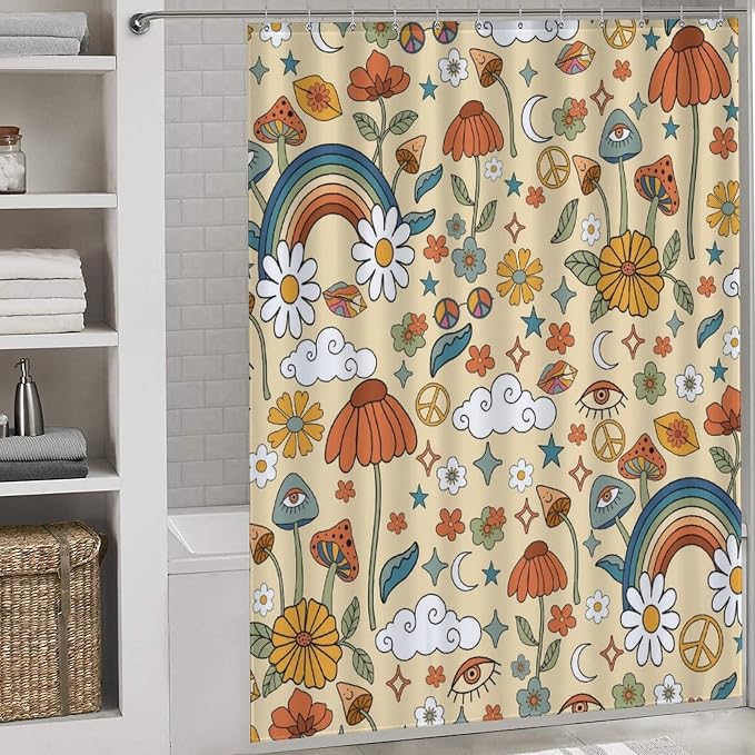 70s Mushroom Shower Curtain, Retro Groovy Hippie Funky Boho Rustic Cute Vintage Colorful Botanical Plants Pattern Orange Waterproof Fabric Bathroom Shower Curtain Set with Hooks, 72"x84" Inch