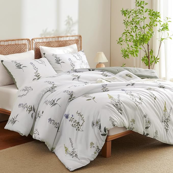 Nayoroom Floral Duvet Cover Queen Size White Green Botanical Flower Cottagecore Bedding Set 3 Pieces Soft Lightweight Reversible Aesthetic Duvet Cover with Zipper Closure