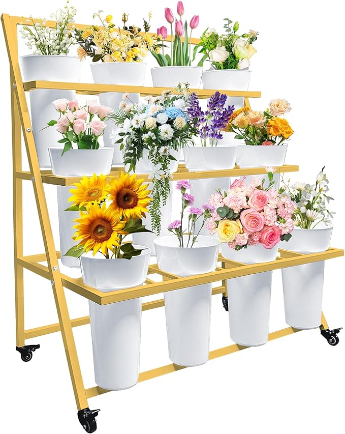 PROLEE Flower Display Stand with 12 Buckets, Flower Cart 3 Layers, Flower Stand Metal with Wheels, Moving Florist Bouquet Shelf, Triangular Rack, Gold