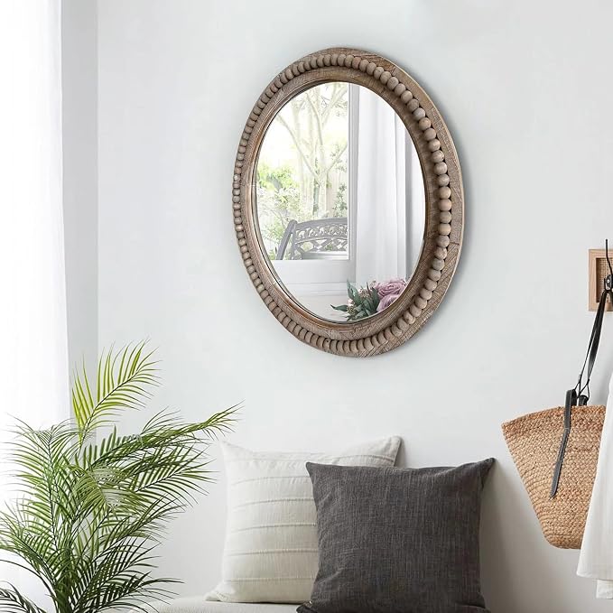 dwellington Rustic Round 24 Inch Wood Wall Circle Mirror with Beads, Decorative Farmhouse Mirror for Living Room, Bedroom, Kitchen, Entryway (Natural)
