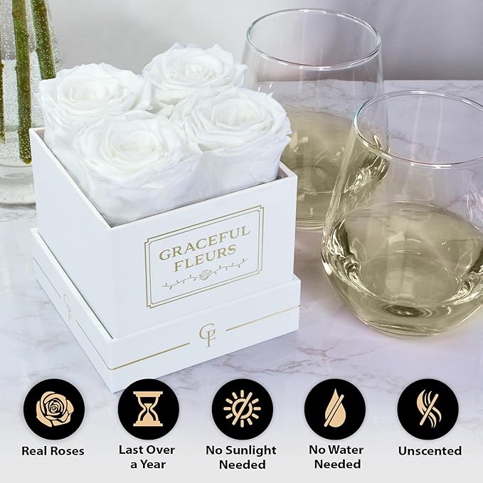 Graceful Fleurs | Real Long Lasting Roses for Years | Preserved Fresh Flowers for Delivery Birthday | Birthday Gifts for Women | Forever Roses in a Box (White, White Box, 4 Roses)