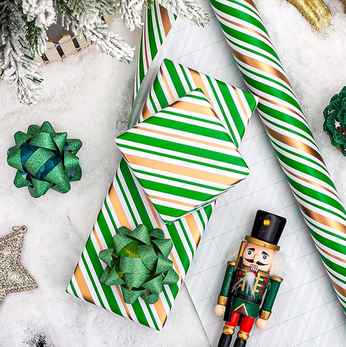 MAYPLUSS Christmas Diagonal Stripe Gift Wrapping Paper - 17 Inch X 33 Feet - Classic Green and Luxury Gold Foil Crafty Stripe Gift Wrap for Holiday Wedding, Birthday Party Showers and Scrapbooking