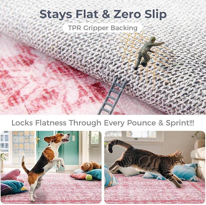 OPPODREAM Vintage Pink Area Rugs 4x6, 4 x 6 Retro Washable Rug Non Slip, Low-Pile Faux Wool Carpet, Distressed Floor Mat for Living Room, Bedroom, Kitchen, Office, Dorm, Dinning Room