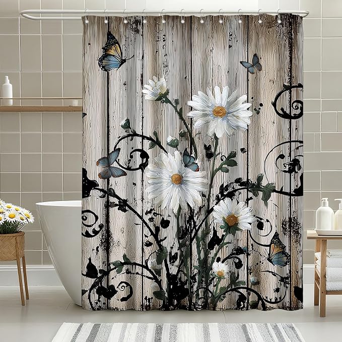 Rustic Grey Floral Shower Curtain Butterfly Flowers Shower Curtains for Bathroom Waterproof Fabric Bath Curtain Decor with Hooks