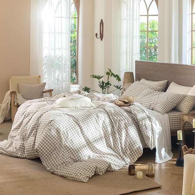 MooMee Gingham Duvet Cover Set 100% Washed Cotton Linen Like Textured Breathable Durable Soft Comfy Modern Checkered Design (Tannish Linen Grey Gingham, Cal King 104"x98")