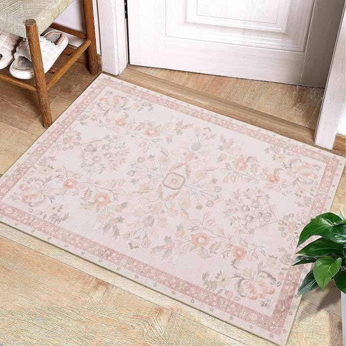 MUJOO Small Rug Washable,Pink 2x3 Area Rugs for Entryway,Floral Front Door Mat Indoor Entrance Entry Way,Boho Kitchen Bathroom Floor Rug Throw Carpet Non Slip Low Pile Vintage