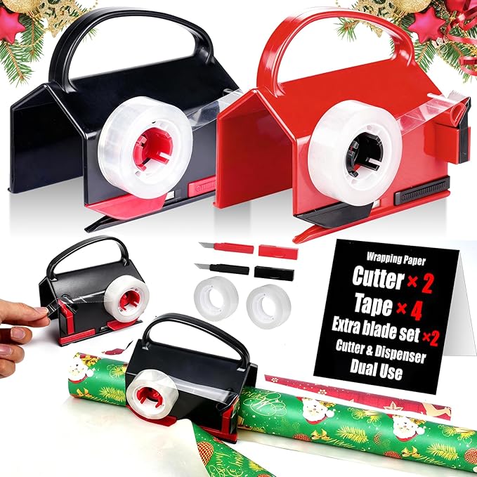 2-in-1 Wrapping Paper Cutter & Tape Dispenser, Christmas Gift Wrap Cutter Tool with 4 Tapes & Replaceable Blades, Fast Straight Cutting Tool for Holiday & Birthday Wrapping Kits