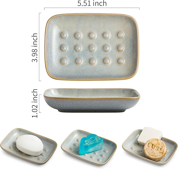 Soap Dish for Shower, Ceramic Soap Dish for Large Soap Bars, Non-Slip Soap Holder & Saver Tray with Floating Point Design for Bathroom, Shower, Kitchen Sink, Save Soap Loss (Pack of 2)