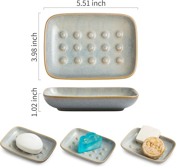 Soap Dish for Shower, Ceramic Soap Dish for Large Soap Bars, Non-Slip Soap Holder & Saver Tray with Floating Point Design for Bathroom, Shower, Kitchen Sink, Save Soap Loss