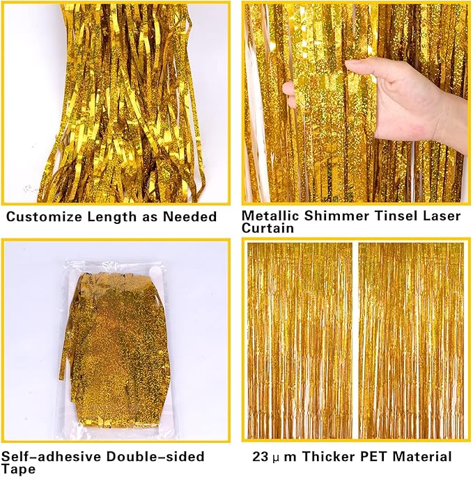 2 Pack 3.2ft x 8.2ft Gold Metallic Foil Curtains, Big Laser Glitter Fringe Rain Curtain Photo Booth Backdrop Tinsel Curtain Streamer for Birthday Wedding Graduations Christmas Event Party Supplies