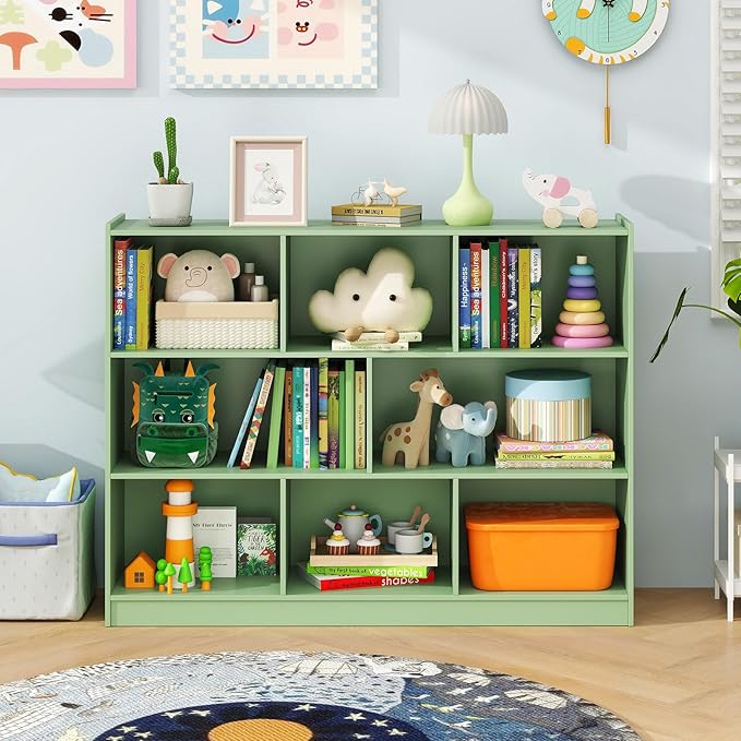 Toy Storage Organizer, 2-Tier Kids Bookshelf, 5 Cube Kids' Bookcases, Cabinets & Shelves, Wooden Toy Organizers, Small Book Shelf for Bedroom, Playroom, Classroom, Nursery (Green, 3-Tier)