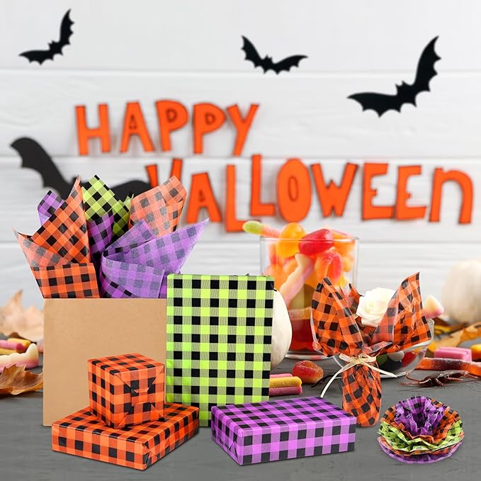 NEBURORA 120 Sheets Halloween Tissue Paper 14 x 20inch Orange Green Purple Buffalo Plaid Wrapping Paper for DIY Craft Gift Bags Halloween Party Supplies