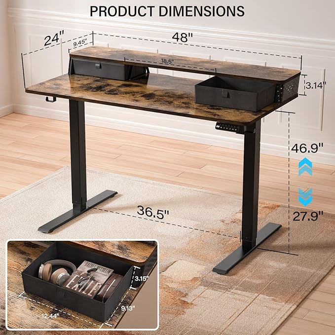 Electric Standing Desk with 2 Drawers 48''x 24'' Adjustable Height Sit to Stand Up Desk with Storage Shelf C-Clamp Mount Compatible Home Office Desks Computer Gaming Table Ergonomic Workstation