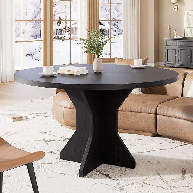 Garvee Round Dining Table for 4-6 People - 47" Circle Kitchen Dinner Table with Sturdy Pedestal Base, Small Spaces Dinning Room Furniture for Living Room, Kitchen, Apartment, Black