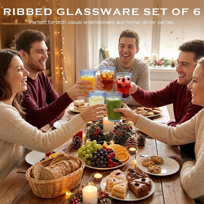 Blue Ribbed Highball Glasses Set of 6, 13.2oz Midnight Blue Colored Glassware, Drinking Glasses for Water, Juice, Iced Coffee, Cocktails, Blue Glass Cups, Housewarming Christmas Gift