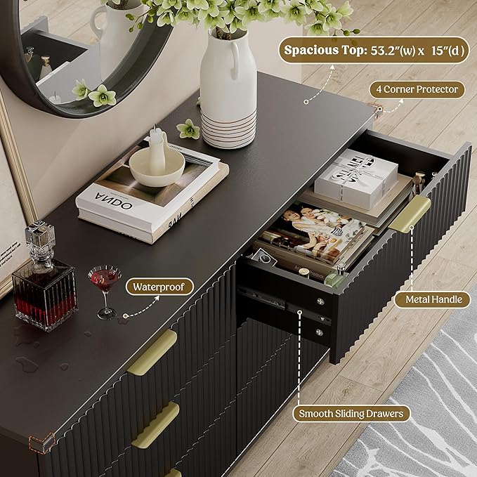 Lulive Black Dresser for Bedroom Wood Dressers Chest of Drawers, Fluted 54" Wide Modern Long Dresser TV Stand 6 Drawers for Bedroom, Closet, Hallway (Black)