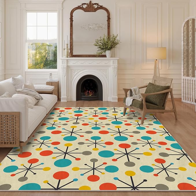 8x10 Retro Area Rug for Living Room Bedroom Dining Room, Mid Century Modern Atomic Living Room Rug Non-Slip, Yellow Floor Rug Carpet Machine Washable