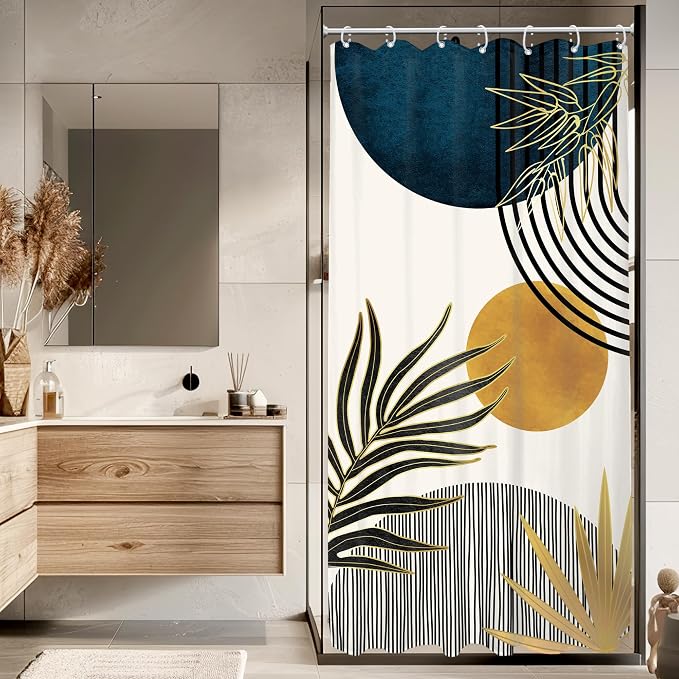 KOMLLEX RV Stall Small Mid Century Blue Boho Shower Curtain 36Wx72L Inches Abstract Modern Blue Shower Curtains for Bathroom Plant Minimalist Arch Sun Fabric Liner Waterproof Polyester 7 Pack Hooks