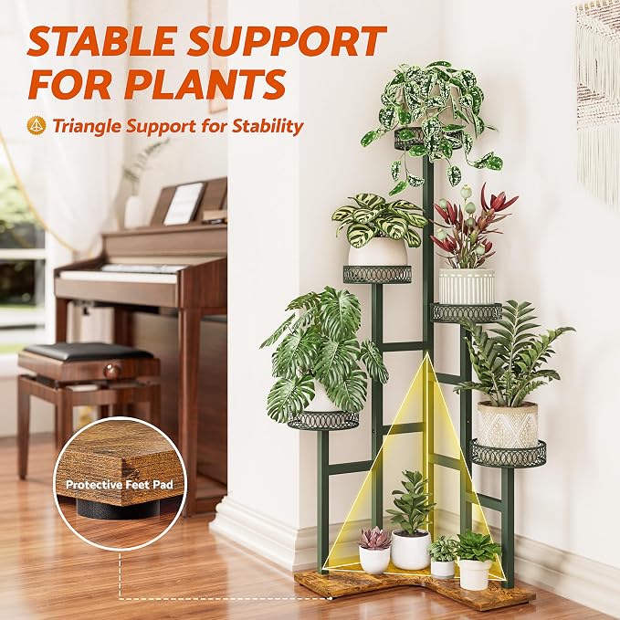 Wood Corner Stand Plants, 5 Tiered Wood Plant Stands Tall Indoor,Heavy Duty Metal Flower Pot Stands for Multiple Plants,Decoration Display Racks for Patio Garden -GreenFlower