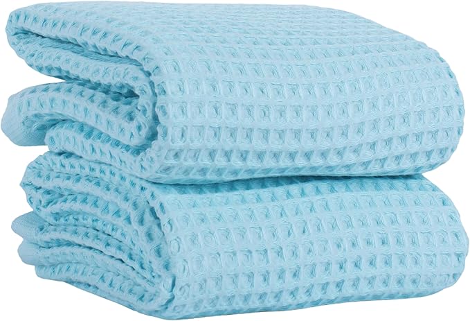 PÜSKÜL Natural 100% Turkish Cotton Waffle Bath Towels Set of 2-Piece | 32x63 Extra Large Absorbent Quick-Dry Lightweight Spa Towel | Luxury Sauna Accessories (Aqua Turquoise Bath Towels - Pack of 2)