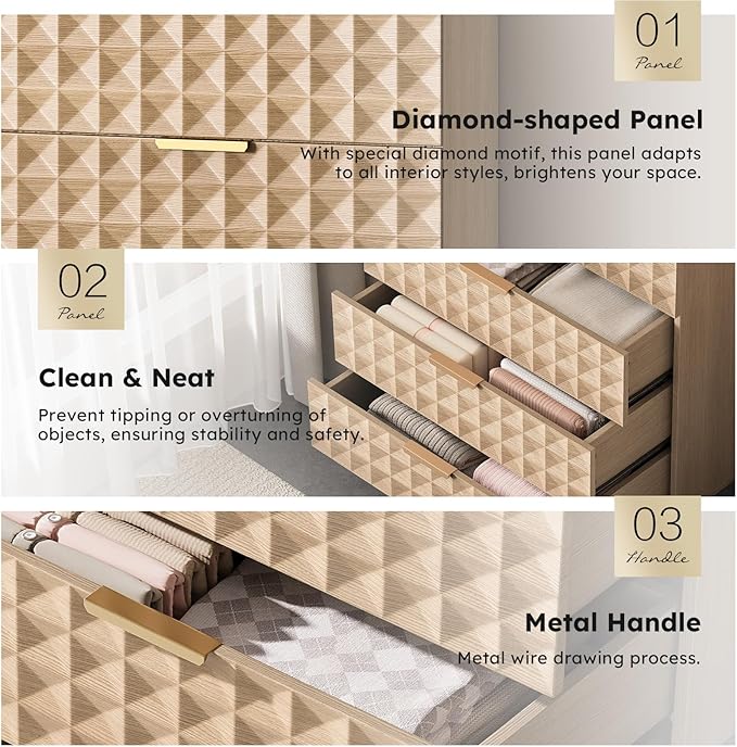 48" Tall Dresser,Chest of Drawers,5 Drawers Dresser for Bedroom,Clothes Storage with Diamond-Shaped