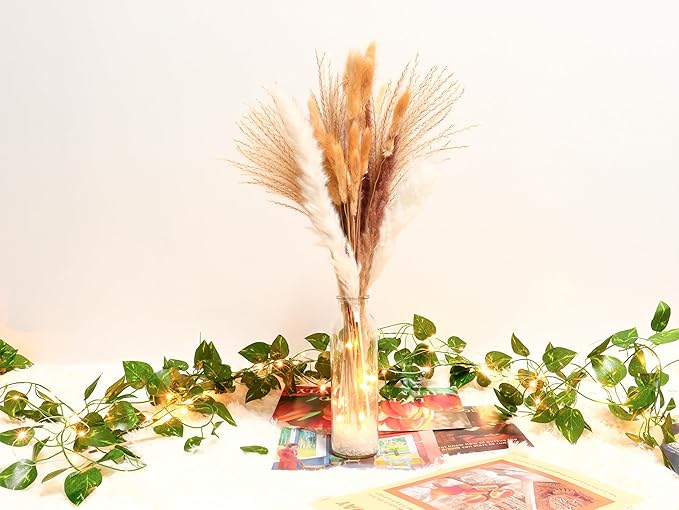 60PCS of Boho Pampas Grass in Glass Vase with LED Lights & Faux Crystals, Naturally Dried Pompas, Bunny Tails Dried Flowers,Perfect for Weddings, Farmhouse Boho Wall Bathroom Office Kitchen Decor