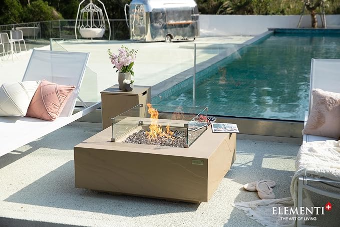 Elementi+ | Bundle Uluru Gas Fire Pit Cast Concrete 40" Square Fire Table, Outdoor Fire Pit Electronic Ignition | Canvas Cover, Fire Glass and Burner Lid Included | Sunlight Yellow | Natural Gas