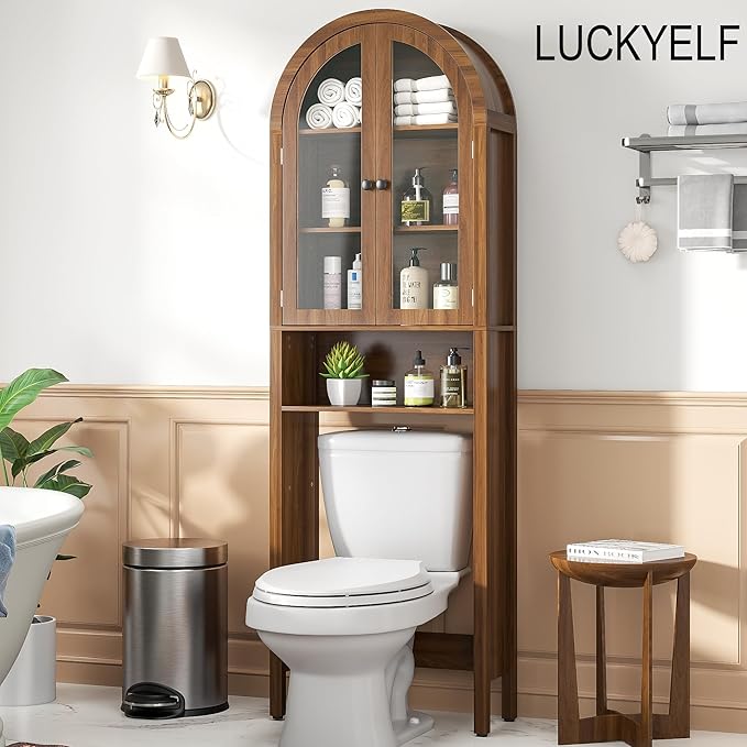 Arched Over The Toilet Storage Cabinet with Acrylic Doors, 4 Tier Small Bathroom Shelf Organizer, Mid Century Modern Bathroom Cabinet with Adjustable Shelf, Slim Narrow Arch Toilet Rack, Walnut
