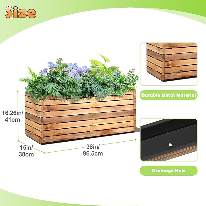 Metal Planter Box Rectangular Planter Box with Drainage Hole, Outdoor Large Planters, All-Weather Use, Rust-Resistance, for Flowers Plants, 38" L × 15" W × 16.3" H, Dark Walnut