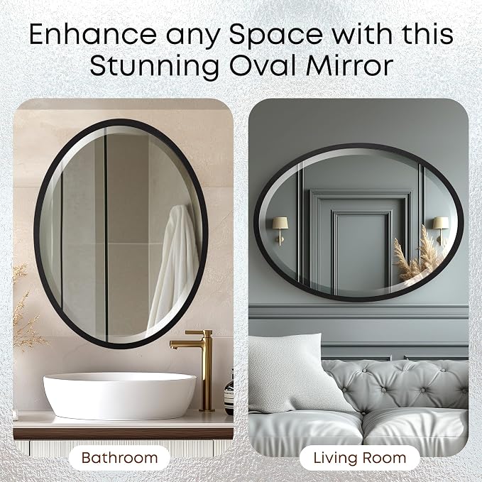 OVALCREST - Oval Wooden Beveled Wall Mirror for Home Decor, Bathroom, Vanity, Bedroom, Living Room, Hallway - London Style (Matte Black) 31.1 x 25.1