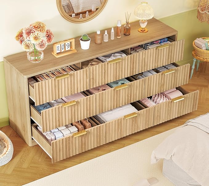 TEENFON Fluted Dresser for Bedroom with 9 Drawers, 63" Wide Modern Chest of Drawers with Metal Handle & Curved Profile Design, Wood Closet Clothes Storage Organizer for Living Room, Hallway, Natural