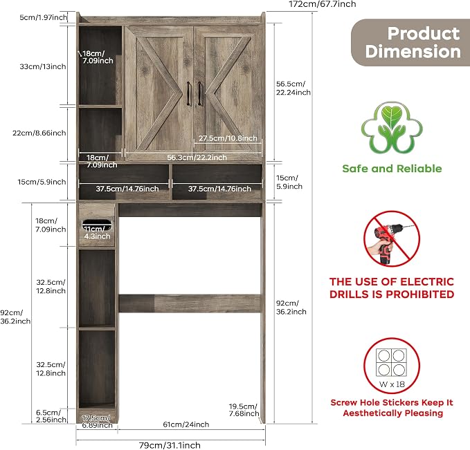 Over the Toilet Storage Cabinet, 31.1”W Bathroom Organizer with Double Doors, Above Toilet Rack, Detachable Toilet Paper Holder for Bathroom & Laundry Room Grey