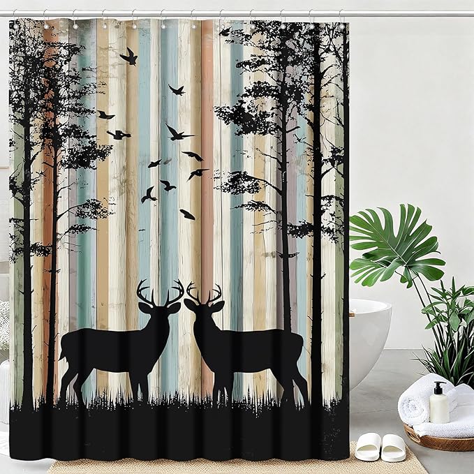 Rustic Deer Shower Curtain Cabin Farmhouse Lodge Shower Curtains for Bathroom Waterproof Fabric Bath Curtain Decor with Hooks