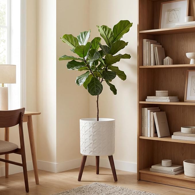 12 Inch Planter Pot with Stand, Planter for Indoor Plants, Modern Large Flower Planter Pot with Drainage Holes for Outdoor,Matte White