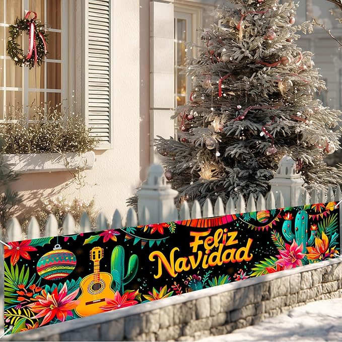 Feliz Navidad Banner 118 x 20 Inch Mexican Christmas Backdrop with Guitar Cactus Poinsettia Flowers Large Holiday Party Wall Decoration for Outdoor Fence Yard Porch Photography