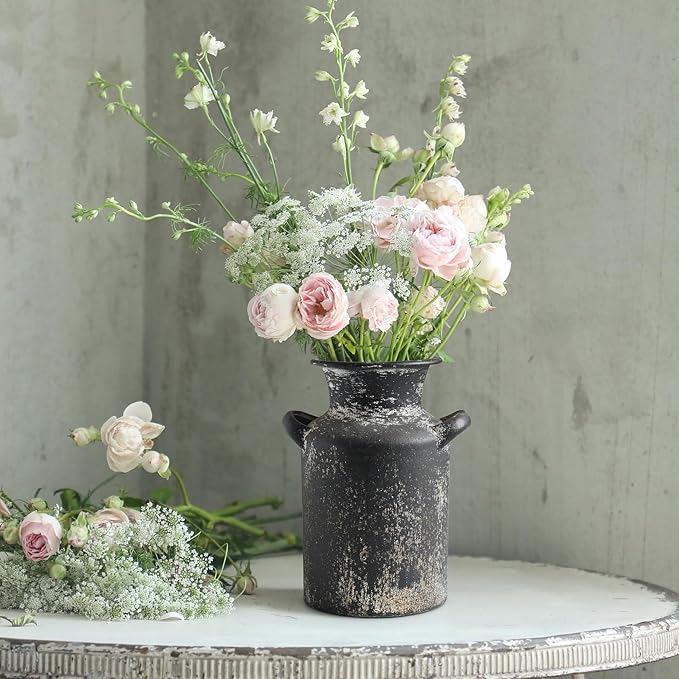 Rustic Vintage Metal Flower Vase for Decor Milk Jug Small Vases for Flowers Kitchen Decorations, Cylindrical,Perfect for Kitchen, Dining Room, Living Room,Housewarming Gift (Black)