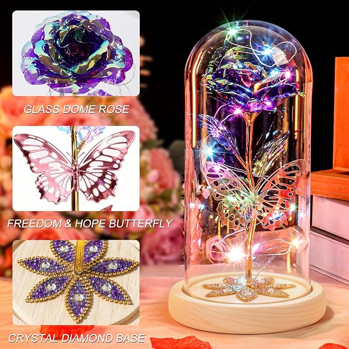 Beferr Christmas Birthday Gifts for Women, Mom Gifts for Christmas Galaxy Glass Rose Forever Preserved Flowers for Delivery Prime Rose in Glass Dome Xmas Gifts for Grandma Wife Sister Her, Purple