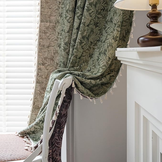 ENJOYBRIDAL Green Leaf 84 Inch Curtains 2 Panel Set Farmhouse Floor Length Drapes Semi Sheer Rod Pocket Bedroom Rustic Window Curtain Panels Living Room Boho Aesthetic Country Tassel Window Treatments