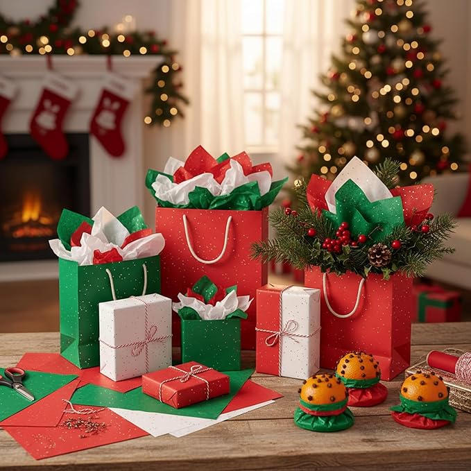 Qilery 500 Sheets Christmas Glitter Red Green White Tissue Paper Bulk 15 x 20 Inch Wrapping Paper for Gift Bags Acid Free Tissue for Christmas Craft Supplies, Bouquets, Garlands, Forming Pompoms