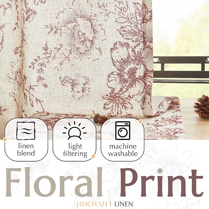 jinchan Linen Blend Curtain Floral Curtains for Living Room 45 Inch Length Christmas Brick Red Printed Curtain Rod Pocket Back Tab Farmhouse Peony Flower Patterned Drapes Curtains Set 2 Panels
