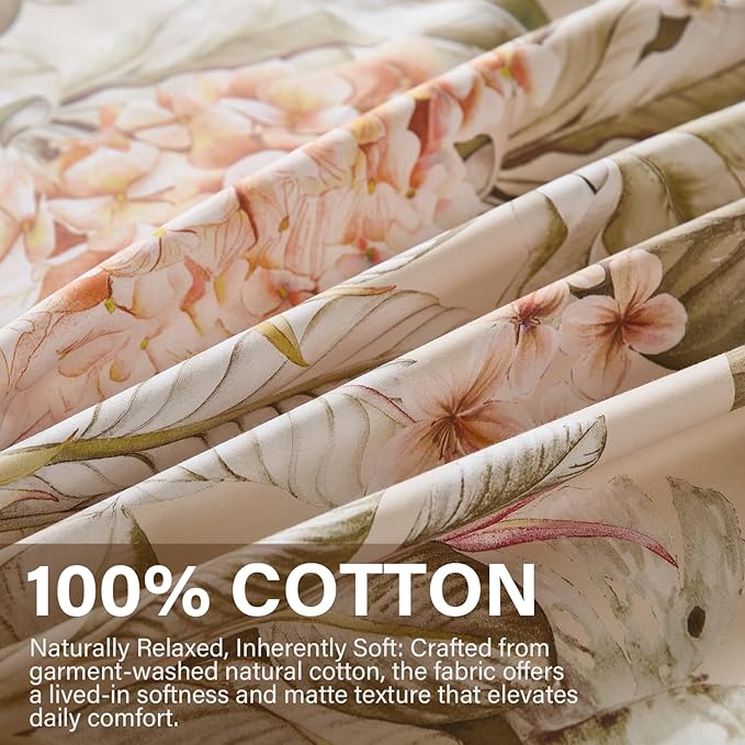 100% Cotton Duvet Cover Queen Size – Hydrangea Lily Floral Duvet Cover Set with Zipper Closure & Corner Ties, 3-Piece Silky Soft & Breathable Apricot Bedding Set for All Seasons